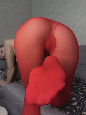 Amateur girls wearing red pantyhose, completely bare underneath